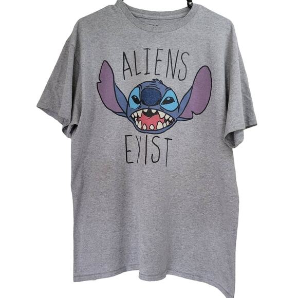 Disney Tops - Disney Stitch Aliens Exist Graphic‎ T-Shirt Gray Short Sleeve